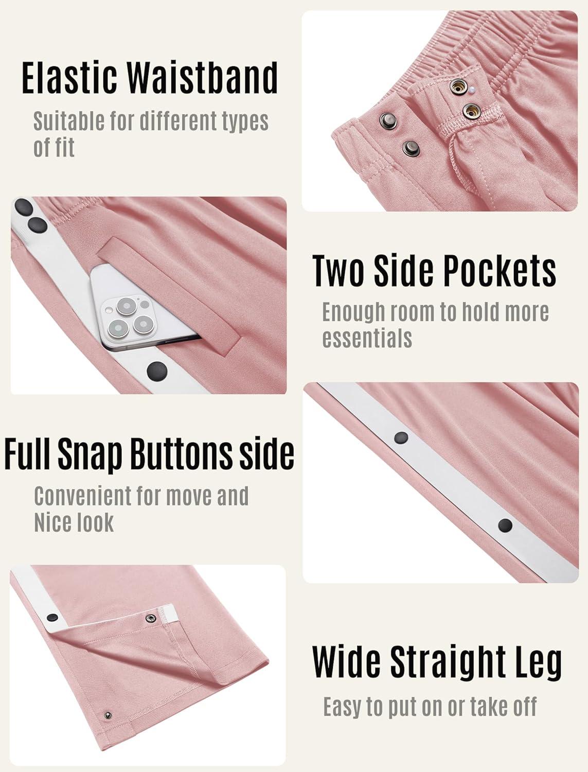 imageDeyeek Womens Tear Away Pants Side Split Snap Open Bottom Sweatpants Leg Breakaway Post Surgery Pants with PocketsDeep Pink