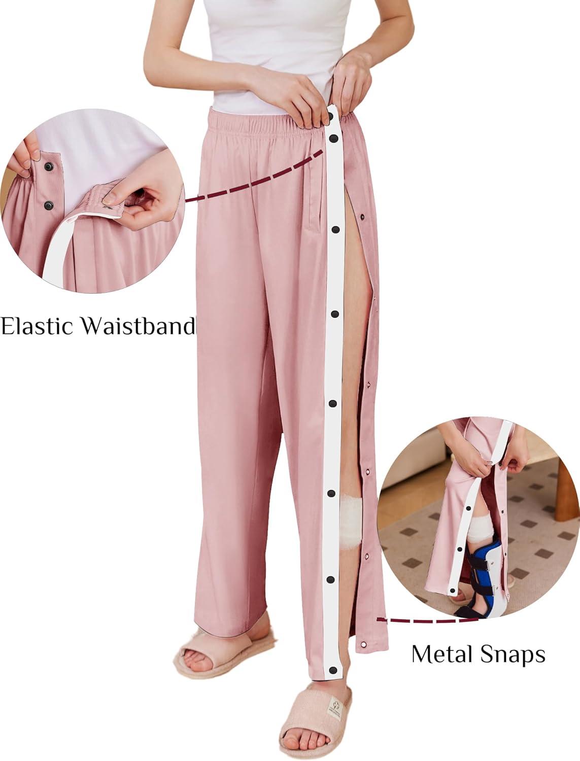 imageDeyeek Womens Tear Away Pants Side Split Snap Open Bottom Sweatpants Leg Breakaway Post Surgery Pants with PocketsDeep Pink
