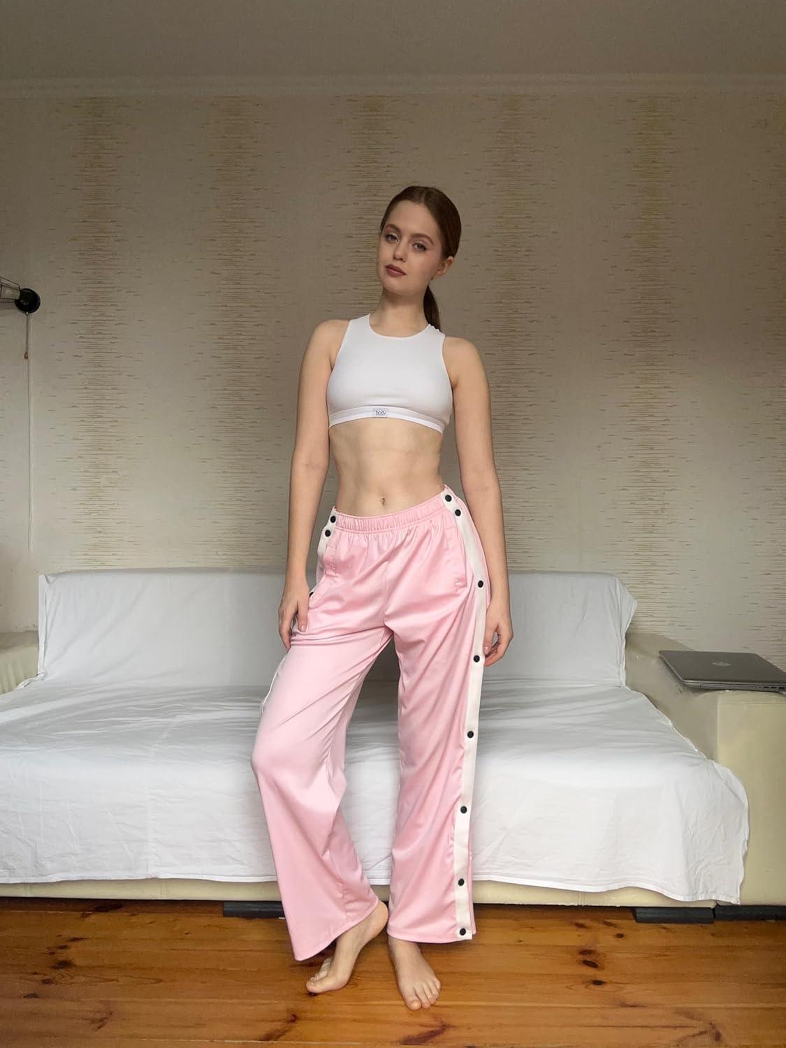 imageDeyeek Womens Tear Away Pants Side Split Snap Open Bottom Sweatpants Leg Breakaway Post Surgery Pants with PocketsDeep Pink