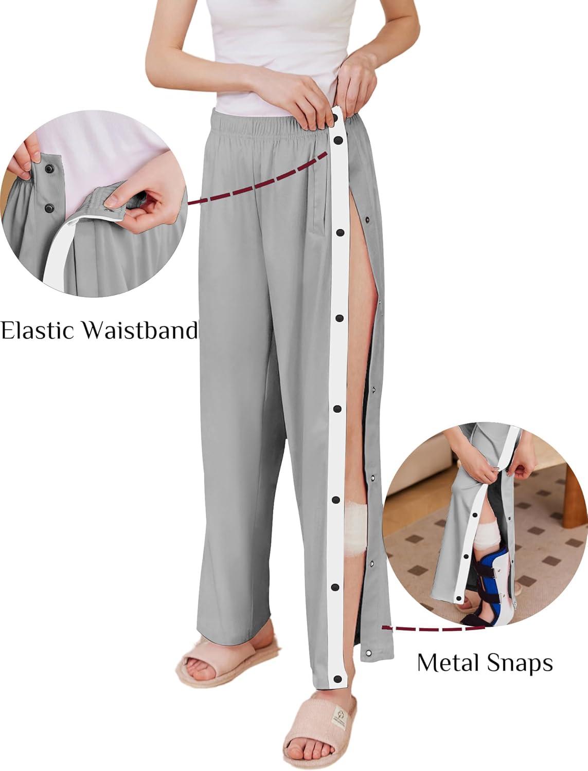 imageDeyeek Womens Tear Away Pants Side Split Snap Open Bottom Sweatpants Leg Breakaway Post Surgery Pants with PocketsLight Grey