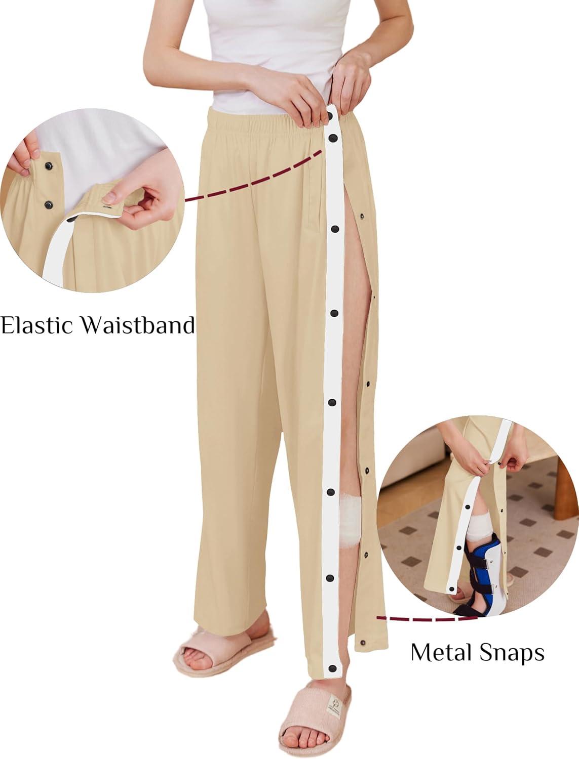 imageDeyeek Womens Tear Away Pants Side Split Snap Open Bottom Sweatpants Leg Breakaway Post Surgery Pants with PocketsLight Khaki