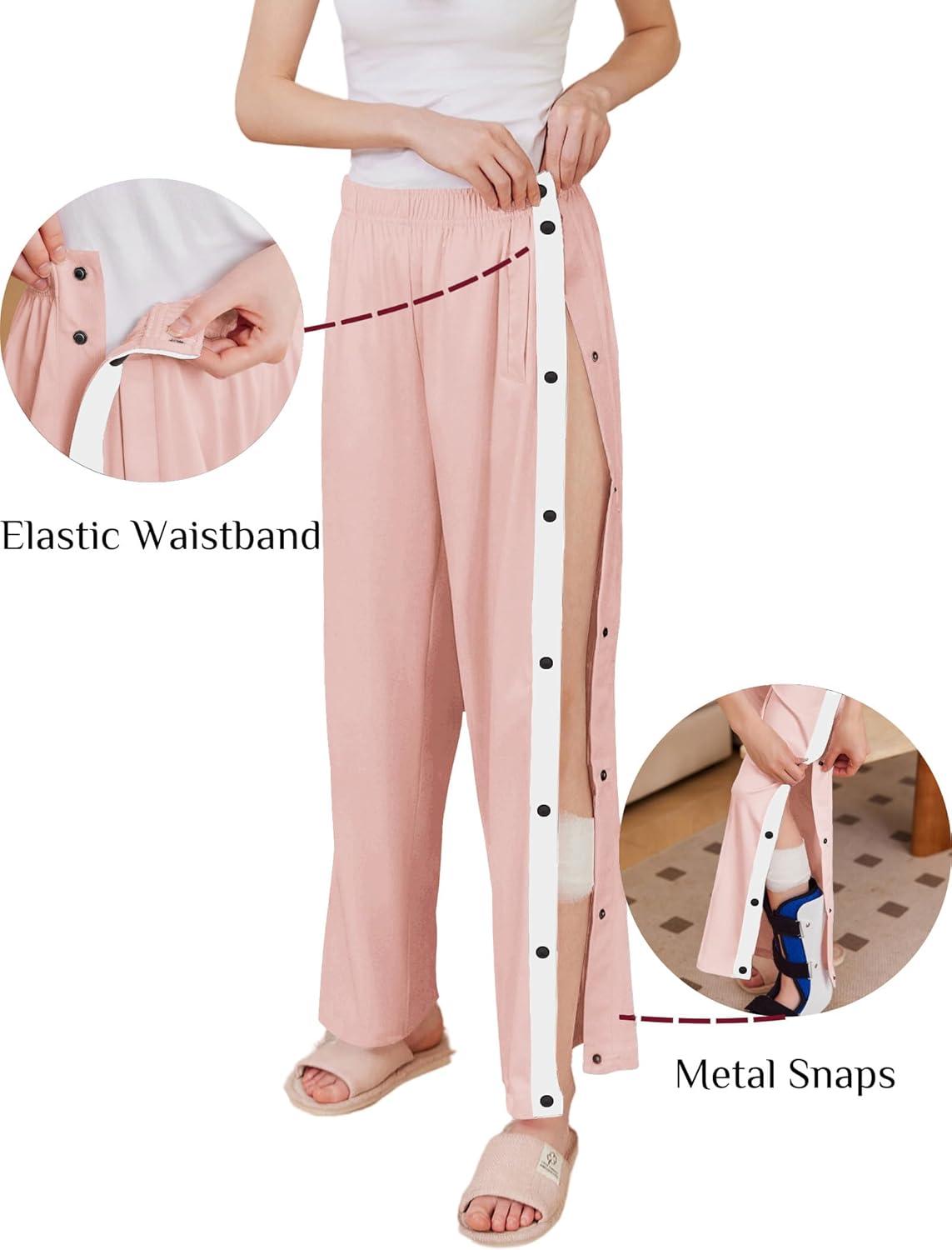 imageDeyeek Womens Tear Away Pants Side Split Snap Open Bottom Sweatpants Leg Breakaway Post Surgery Pants with PocketsLight Pink