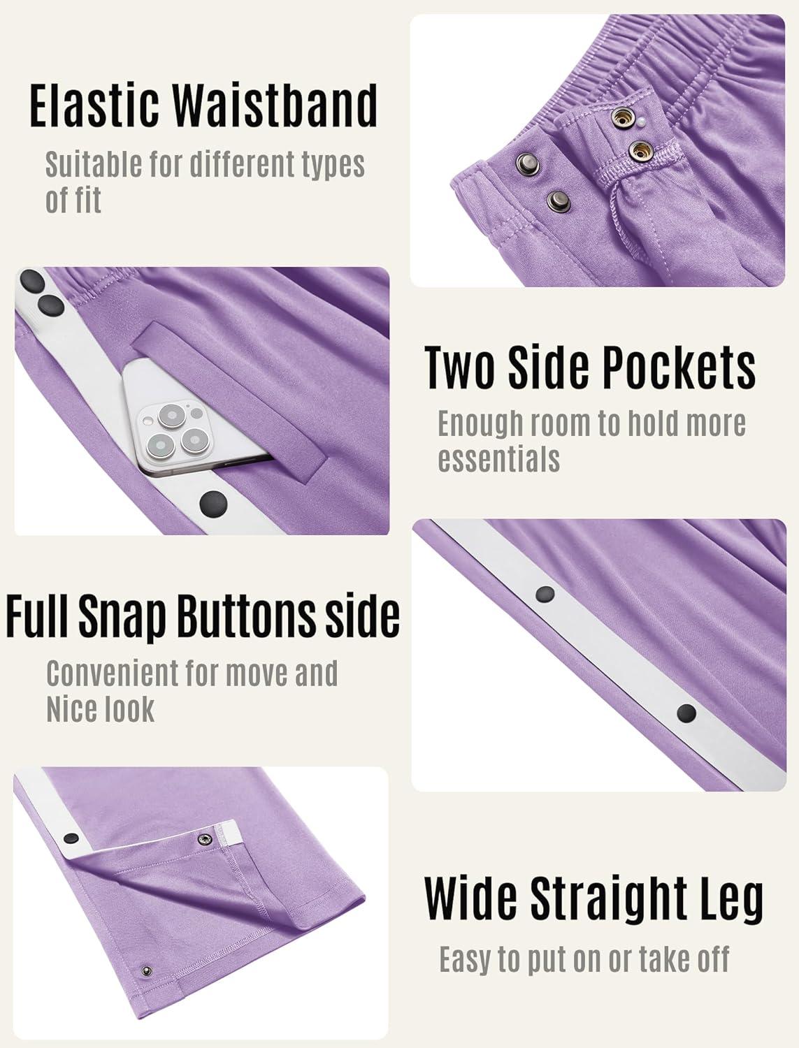 imageDeyeek Womens Tear Away Pants Side Split Snap Open Bottom Sweatpants Leg Breakaway Post Surgery Pants with PocketsLight Purple