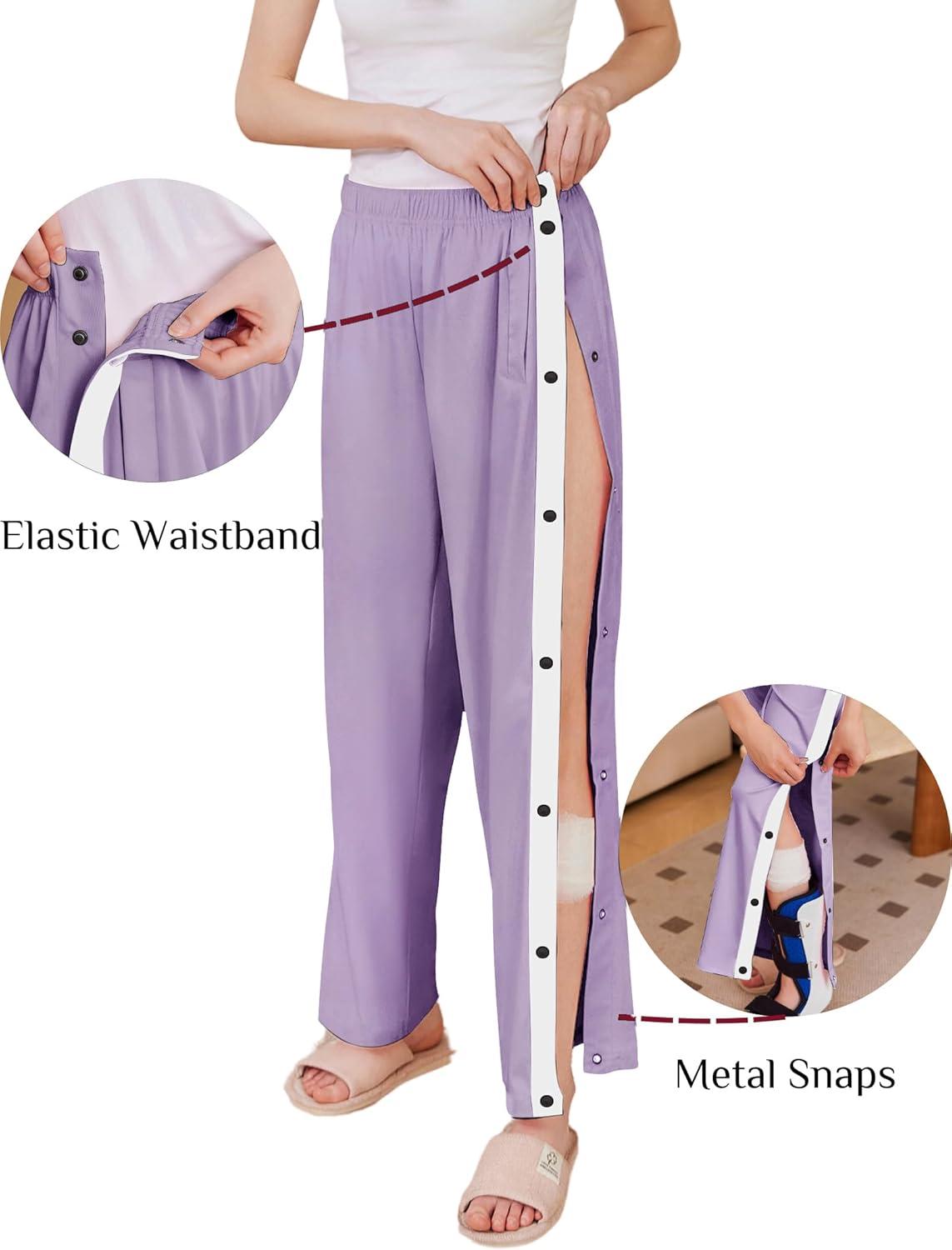 imageDeyeek Womens Tear Away Pants Side Split Snap Open Bottom Sweatpants Leg Breakaway Post Surgery Pants with PocketsLight Purple
