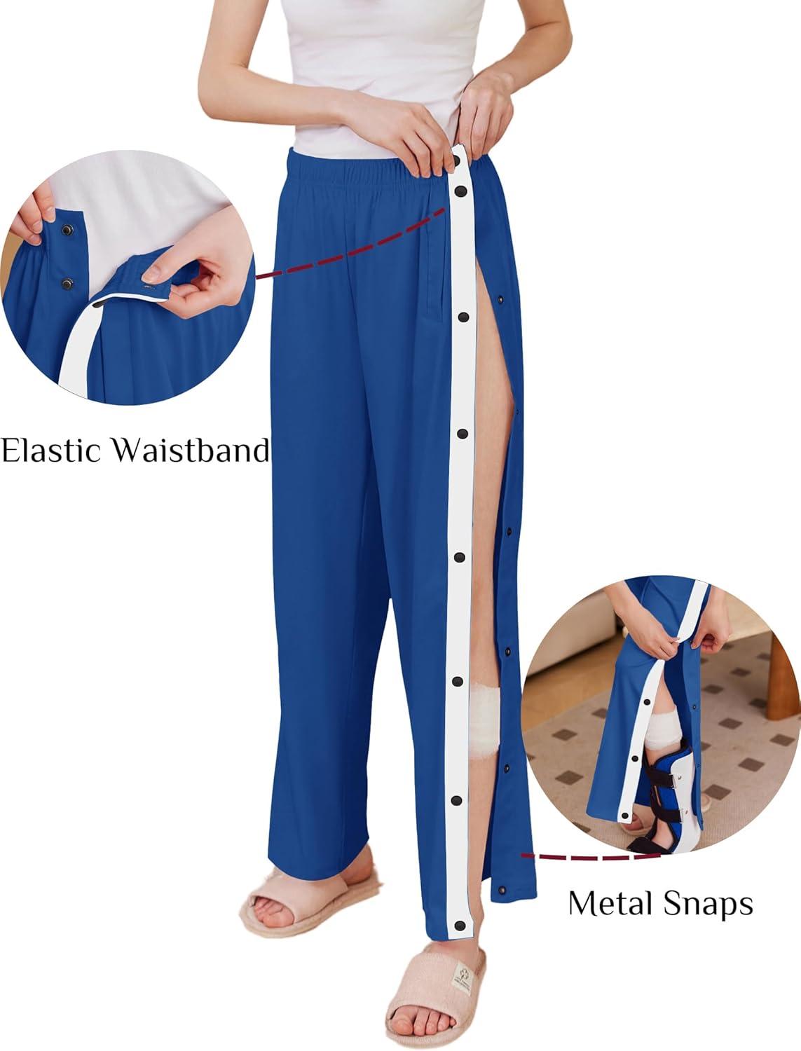 imageDeyeek Womens Tear Away Pants Side Split Snap Open Bottom Sweatpants Leg Breakaway Post Surgery Pants with PocketsNavy