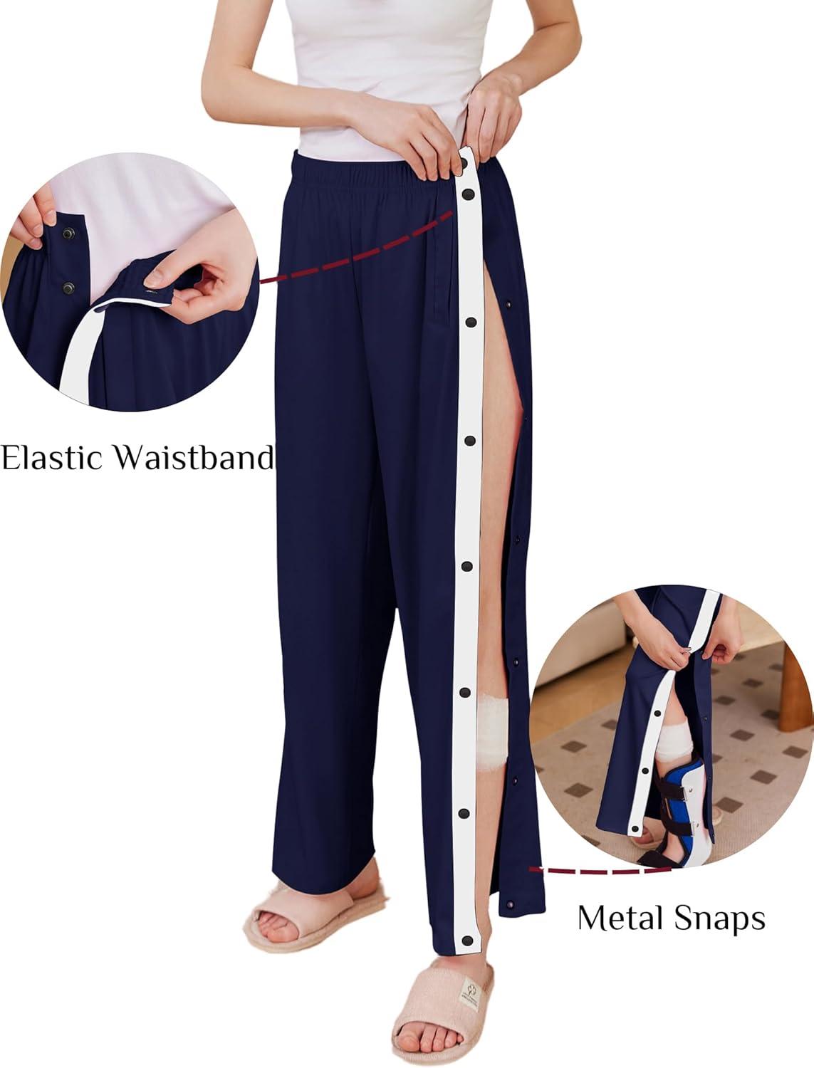 imageDeyeek Womens Tear Away Pants Side Split Snap Open Bottom Sweatpants Leg Breakaway Post Surgery Pants with PocketsNavy Blue