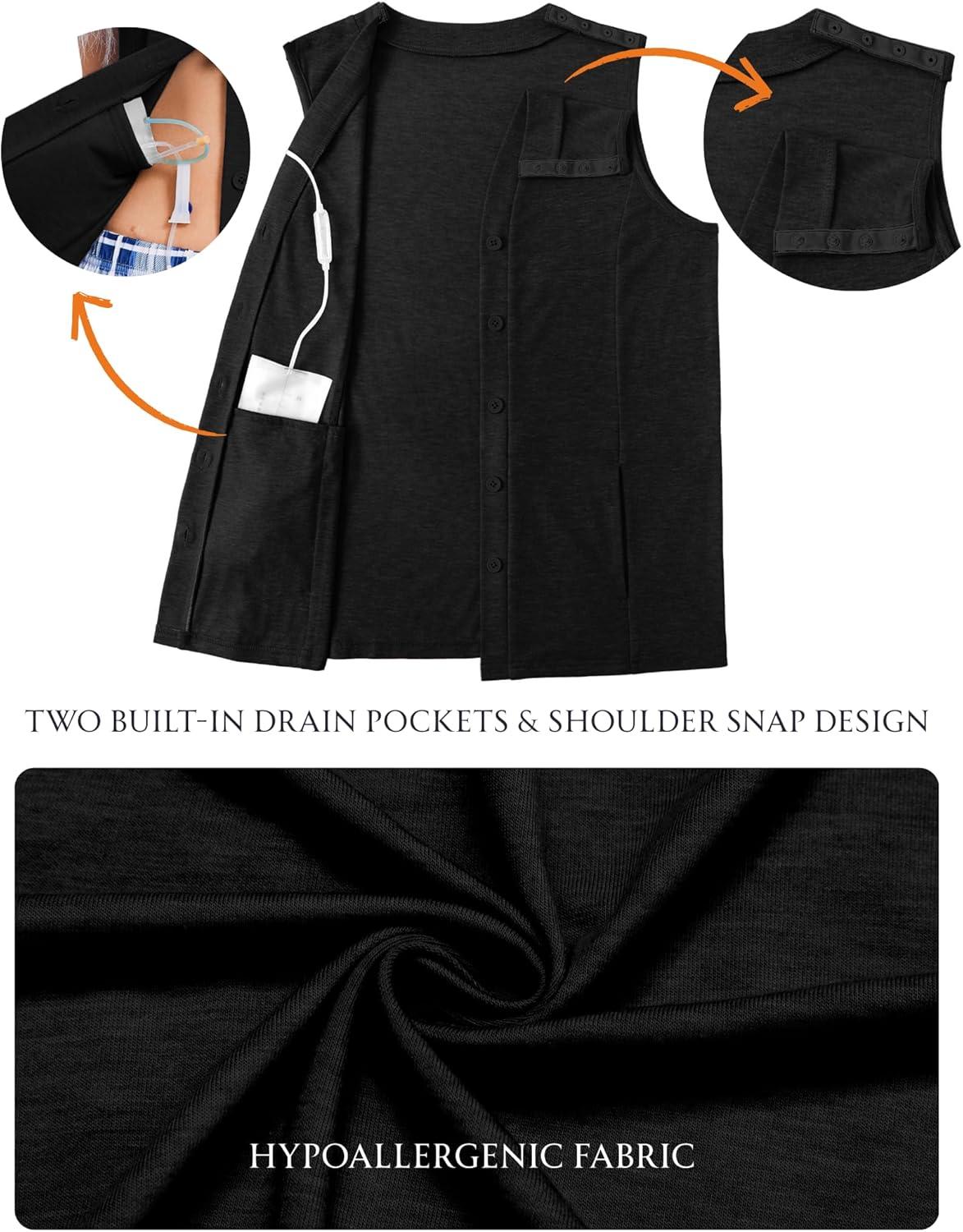 imageDeyeek Womens VNeck Mastectomy Shirts with Drain Pockets Chemo Ports Access Shirts Snap Post Shoulder Surgery Tank TopsBlack