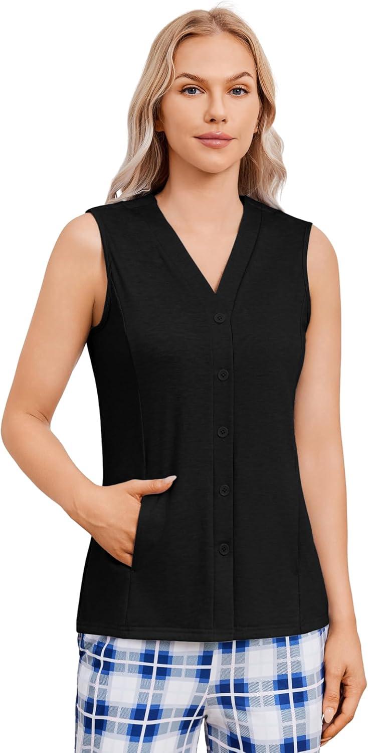 imageDeyeek Womens VNeck Mastectomy Shirts with Drain Pockets Chemo Ports Access Shirts Snap Post Shoulder Surgery Tank TopsBlack