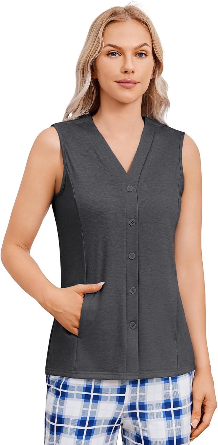 imageDeyeek Womens VNeck Mastectomy Shirts with Drain Pockets Chemo Ports Access Shirts Snap Post Shoulder Surgery Tank TopsDark Grey