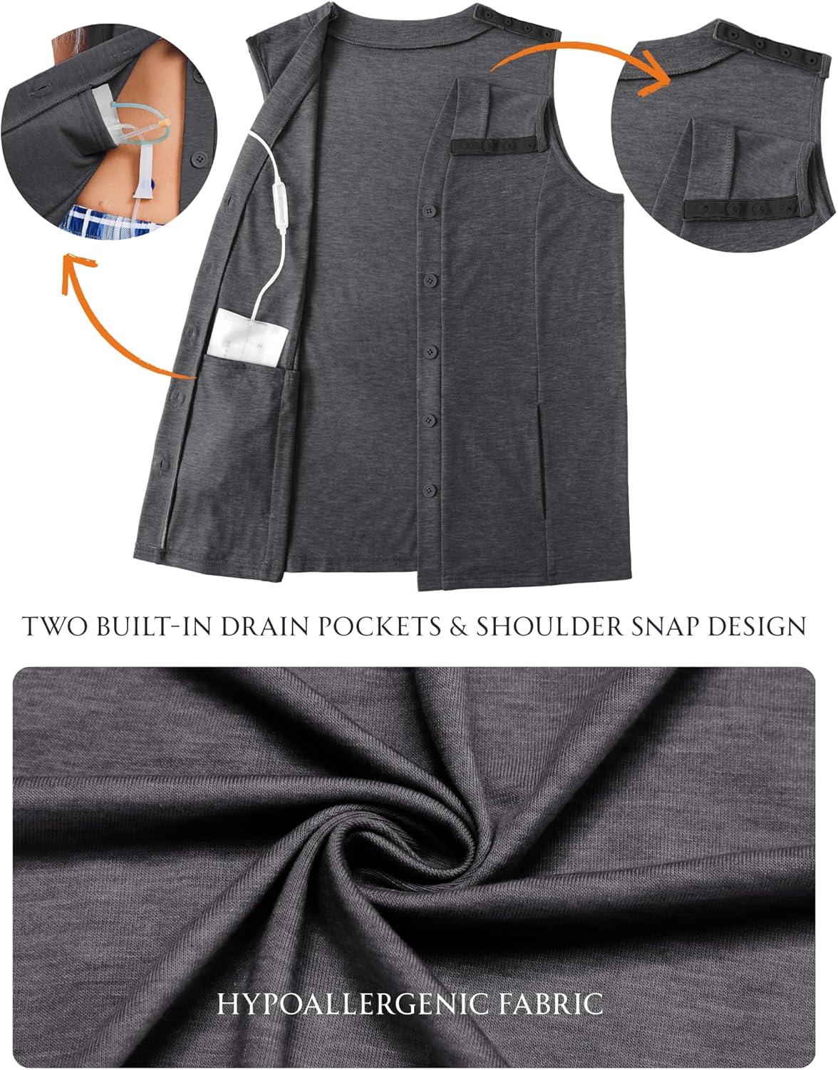 imageDeyeek Womens VNeck Mastectomy Shirts with Drain Pockets Chemo Ports Access Shirts Snap Post Shoulder Surgery Tank TopsDark Grey