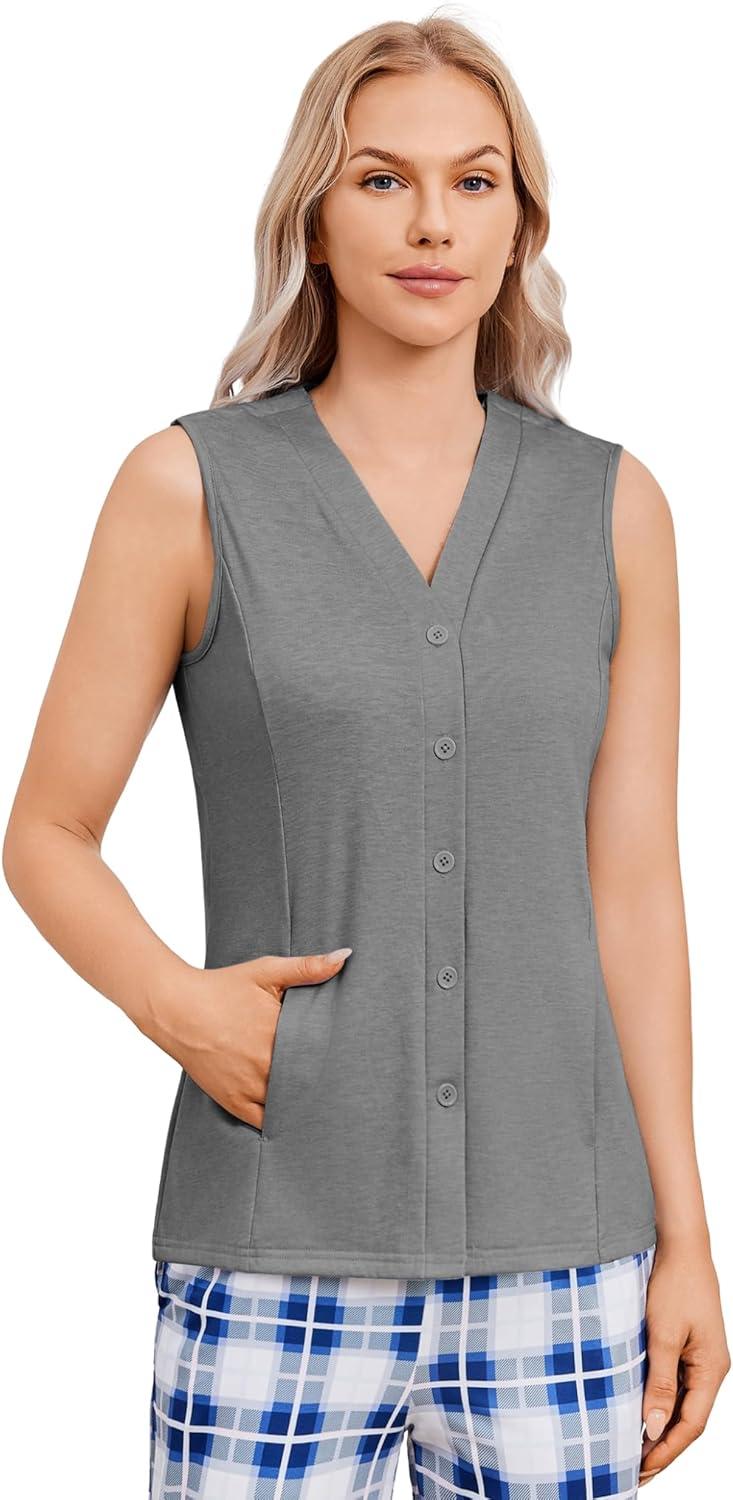 imageDeyeek Womens VNeck Mastectomy Shirts with Drain Pockets Chemo Ports Access Shirts Snap Post Shoulder Surgery Tank TopsGrey