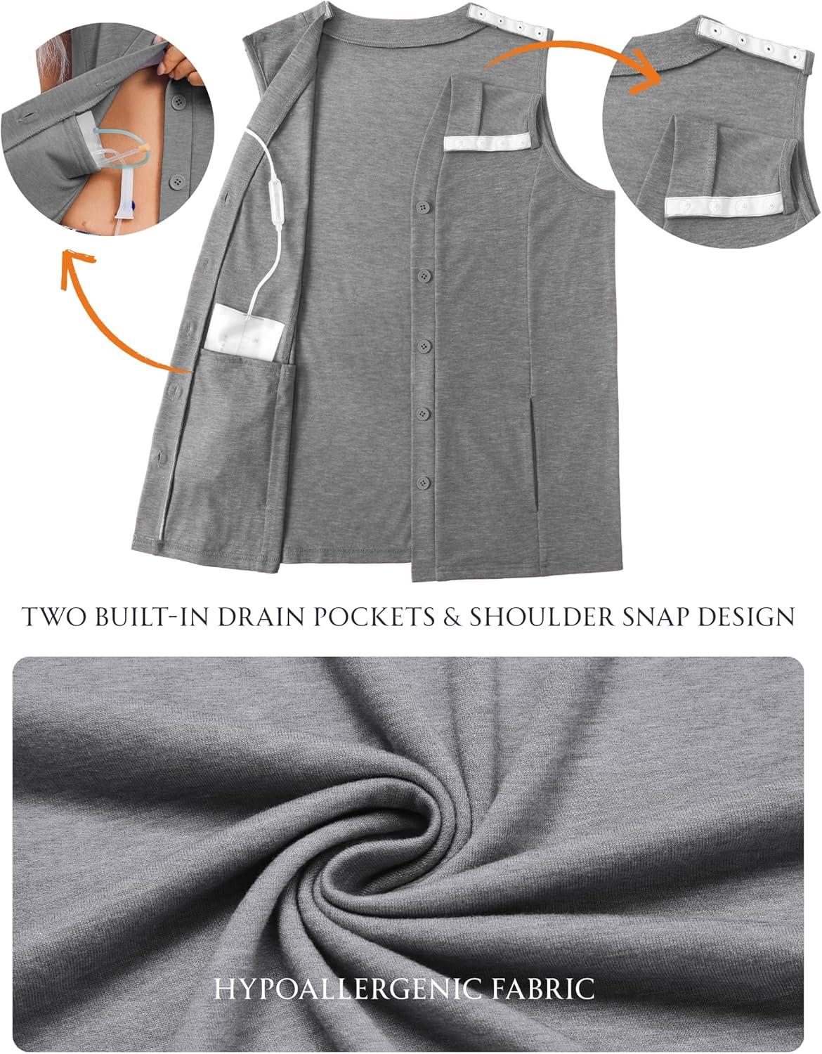 imageDeyeek Womens VNeck Mastectomy Shirts with Drain Pockets Chemo Ports Access Shirts Snap Post Shoulder Surgery Tank TopsGrey