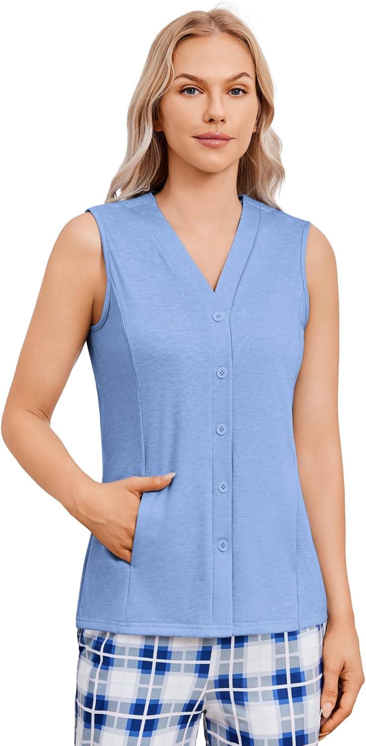 imageDeyeek Womens VNeck Mastectomy Shirts with Drain Pockets Chemo Ports Access Shirts Snap Post Shoulder Surgery Tank TopsLight Blue