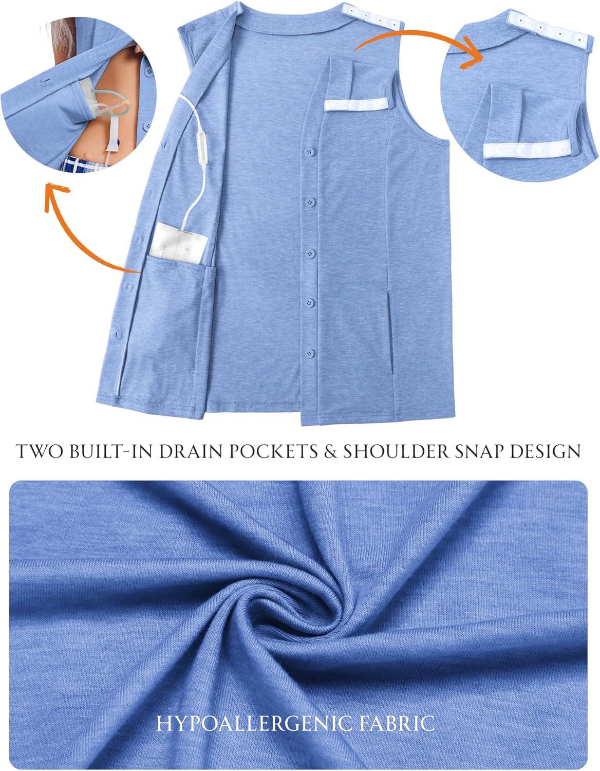 imageDeyeek Womens VNeck Mastectomy Shirts with Drain Pockets Chemo Ports Access Shirts Snap Post Shoulder Surgery Tank TopsLight Blue