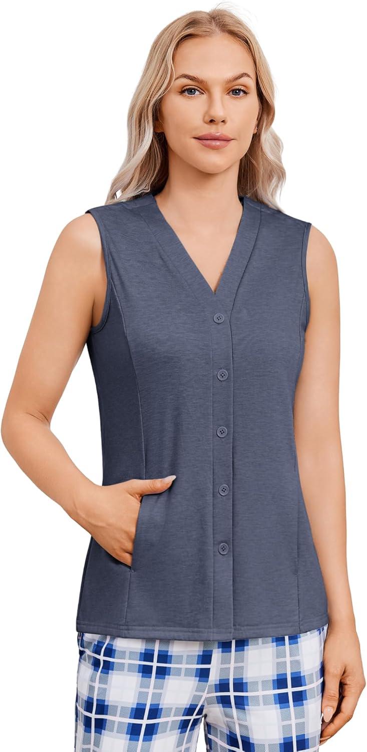 imageDeyeek Womens VNeck Mastectomy Shirts with Drain Pockets Chemo Ports Access Shirts Snap Post Shoulder Surgery Tank TopsNavy Blue