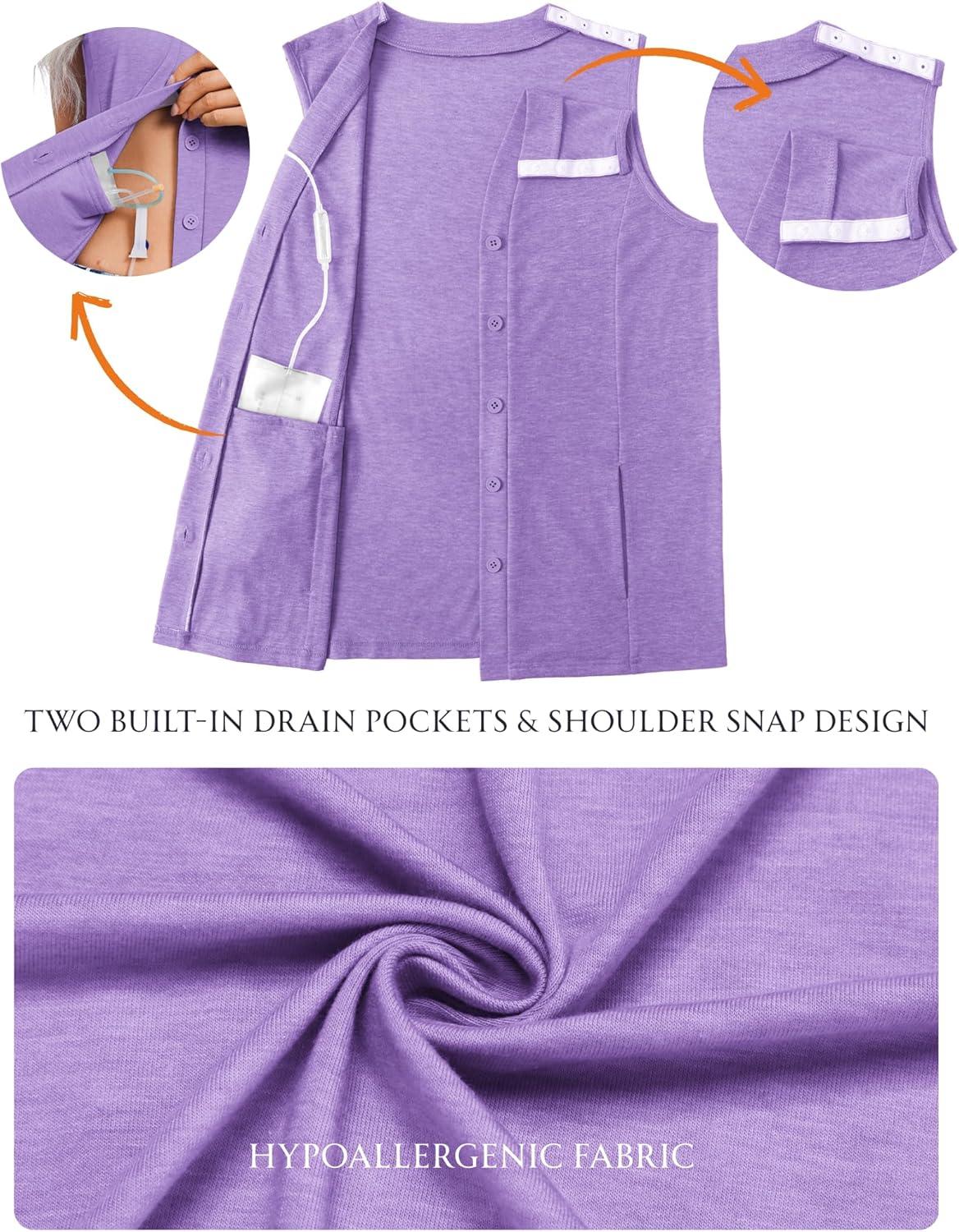 imageDeyeek Womens VNeck Mastectomy Shirts with Drain Pockets Chemo Ports Access Shirts Snap Post Shoulder Surgery Tank TopsPurple