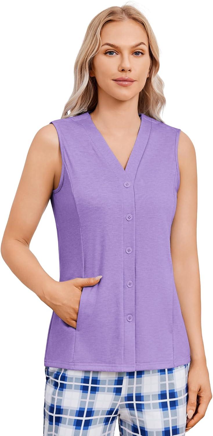 imageDeyeek Womens VNeck Mastectomy Shirts with Drain Pockets Chemo Ports Access Shirts Snap Post Shoulder Surgery Tank TopsPurple
