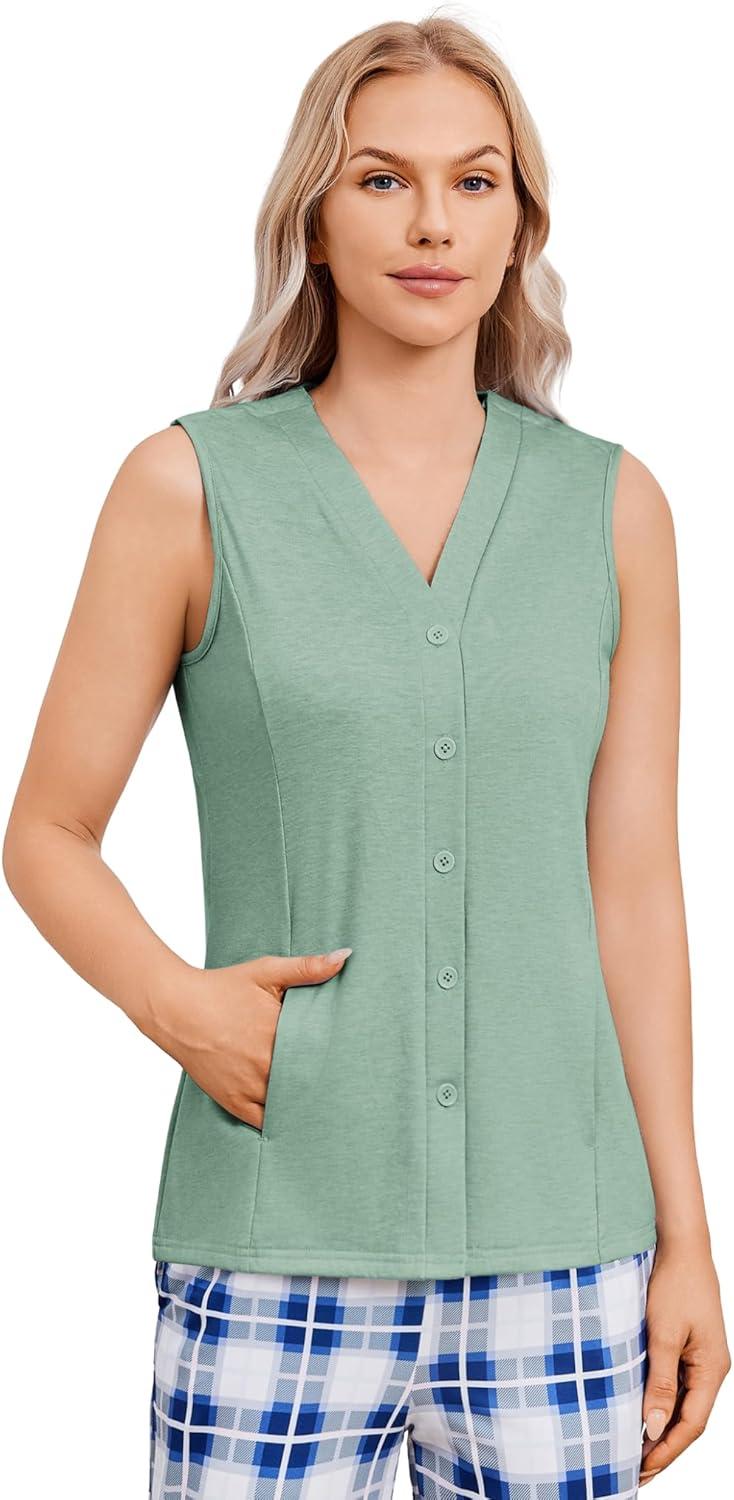 imageDeyeek Womens VNeck Mastectomy Shirts with Drain Pockets Chemo Ports Access Shirts Snap Post Shoulder Surgery Tank TopsSage Green