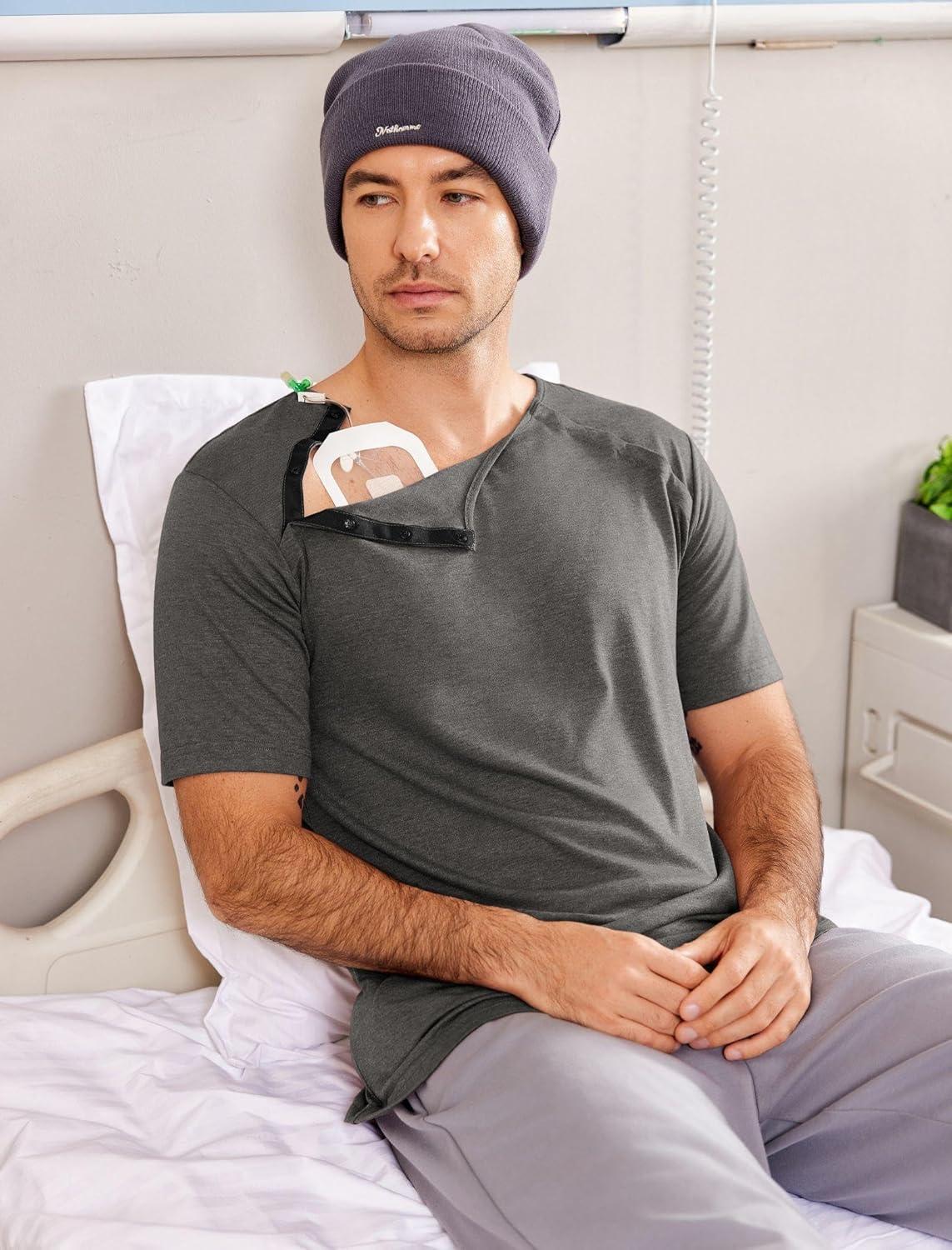 imageDyeek Chemo for Shirt Port Access Chemotherapy Must Haves Tear Away Side Snap Short Sleeve Post Shoulder Surgery ShirtsDark Gray