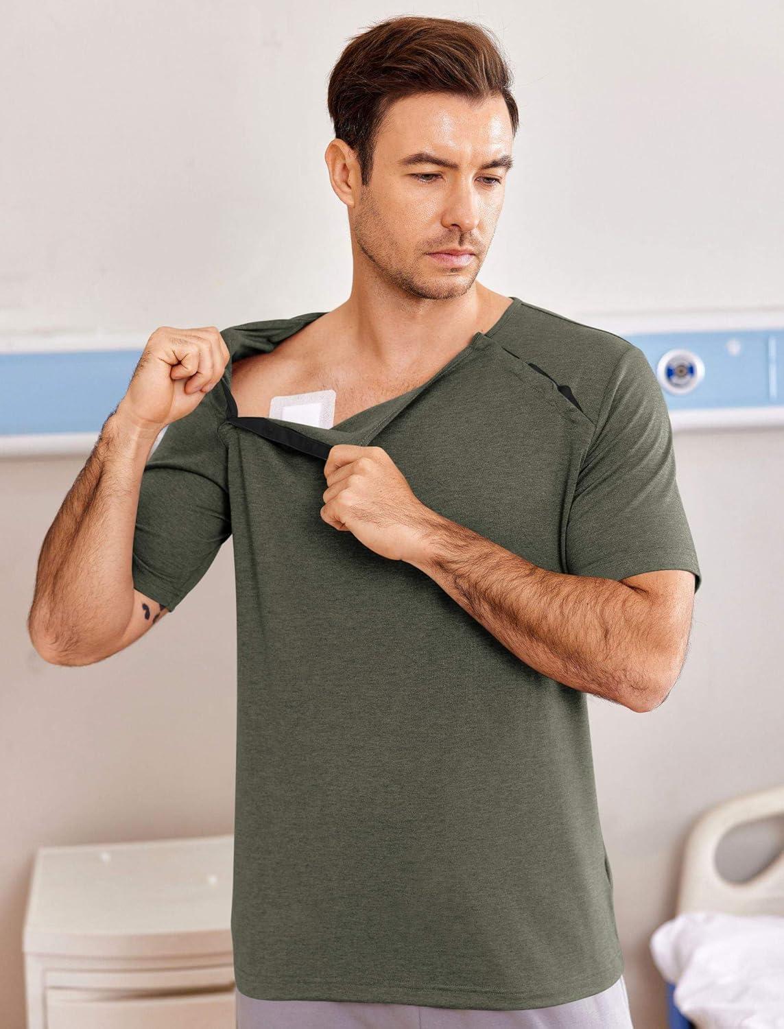 imageDyeek Chemo for Shirt Port Access Chemotherapy Must Haves Tear Away Side Snap Short Sleeve Post Shoulder Surgery ShirtsDark Green