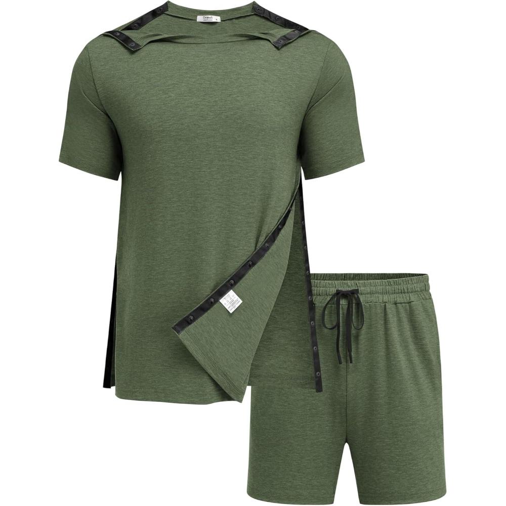 imageDeyeek 2Pcs Unisex Post Shoulder Surgery Shirts amp Shorts Tear Away Shirts for Rotator Cuff Surgery Chemo Port Access ClothesArmy Green