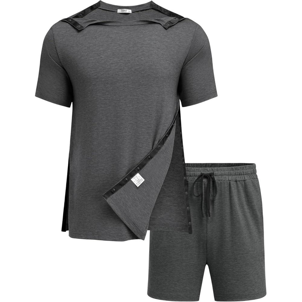 imageDeyeek 2Pcs Unisex Post Shoulder Surgery Shirts amp Shorts Tear Away Shirts for Rotator Cuff Surgery Chemo Port Access ClothesDark Gray