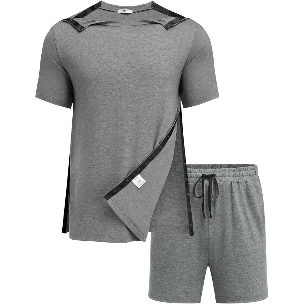 imageDeyeek 2Pcs Unisex Post Shoulder Surgery Shirts amp Shorts Tear Away Shirts for Rotator Cuff Surgery Chemo Port Access ClothesLight Gray