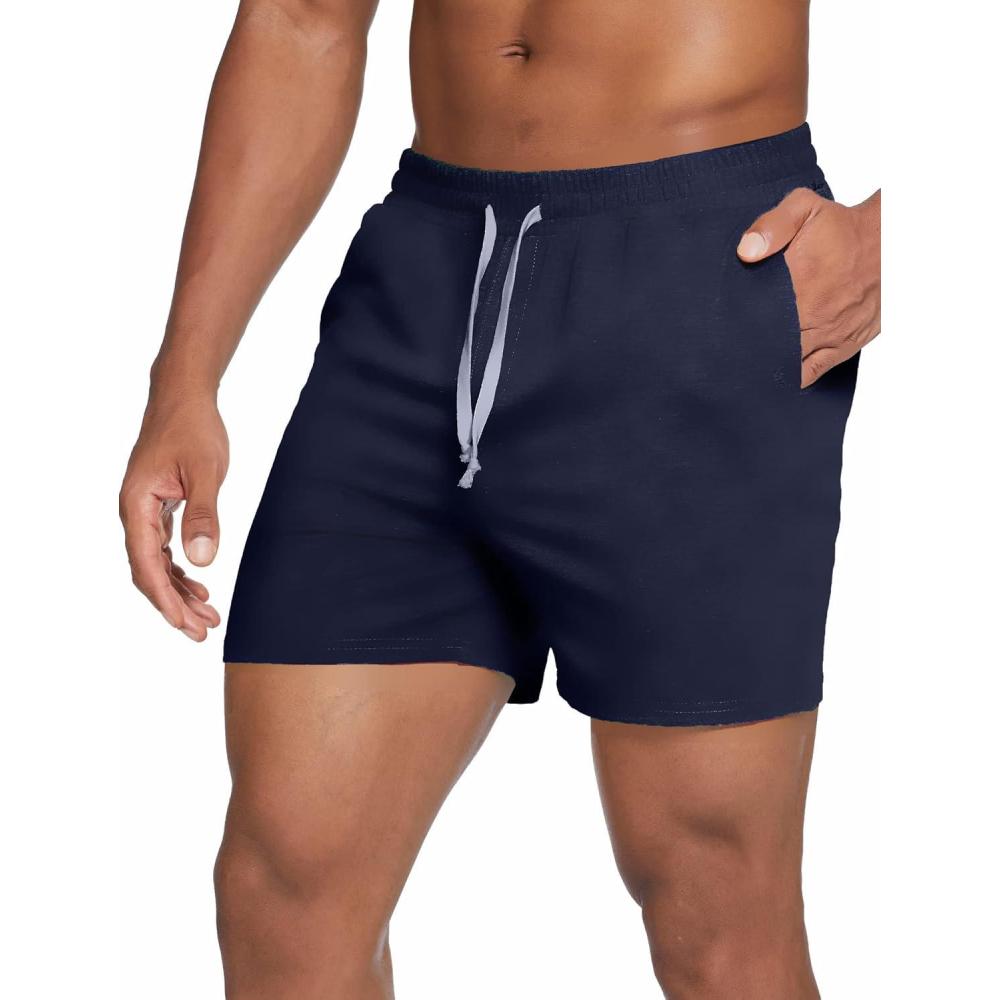imageDeyeek 55 Inch Mens Pajama Shorts Sleep Cotton Lounge PJ Lightweight Elastic Waist Drawstring Nightwear Bottom with PocketsNave Blue