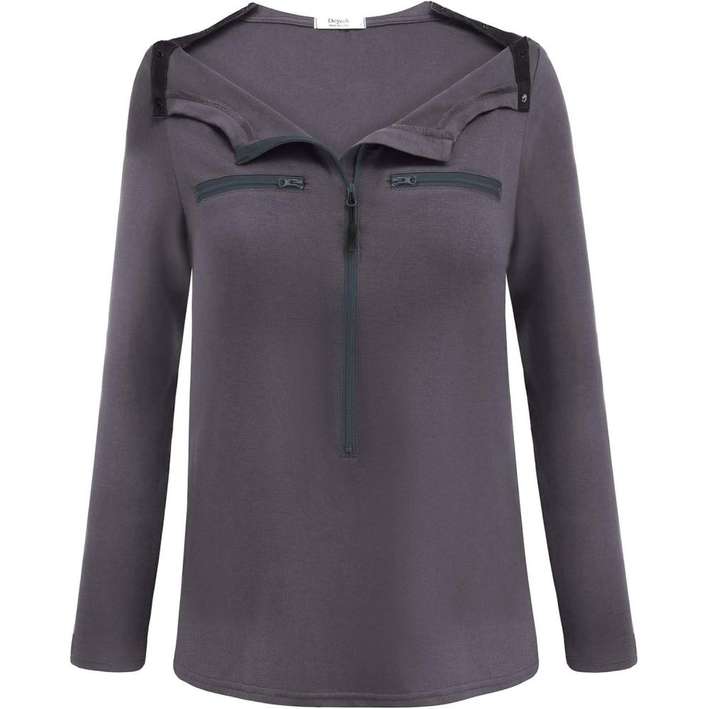 imageDeyeek Chemo Port Shirts for Women 2 Side Snaps Long Sleeve Shoulder Post Surgery Clothing Dialysis Breast Cancer ShirtsDark Grey