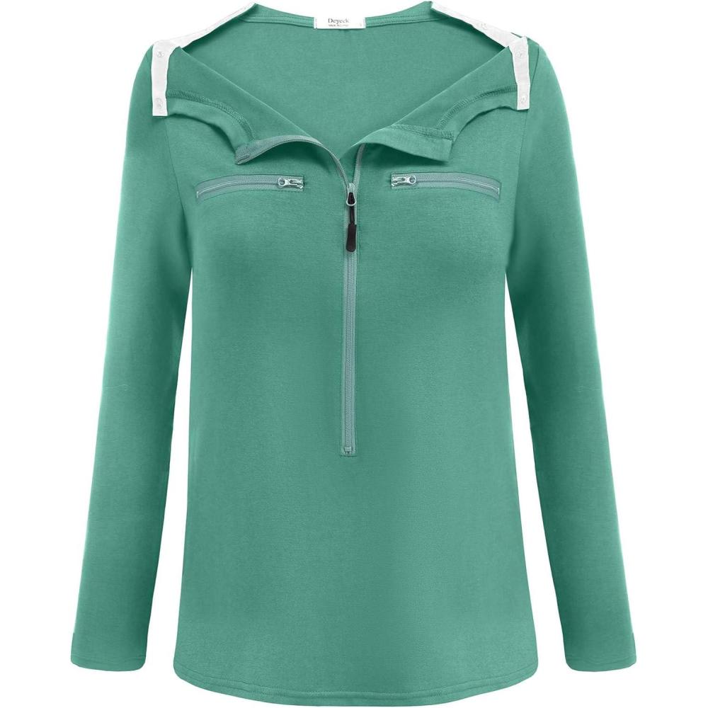 imageDeyeek Chemo Port Shirts for Women 2 Side Snaps Long Sleeve Shoulder Post Surgery Clothing Dialysis Breast Cancer ShirtsGreen