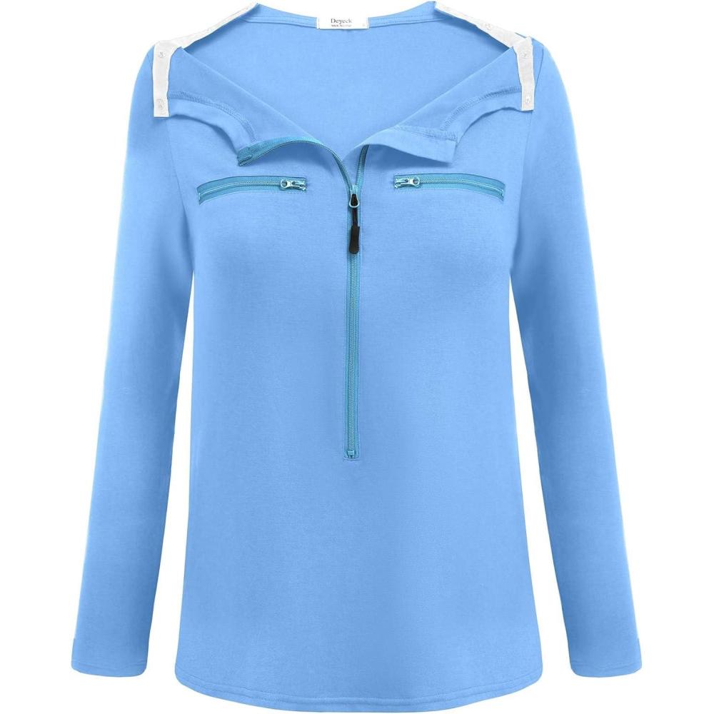imageDeyeek Chemo Port Shirts for Women 2 Side Snaps Long Sleeve Shoulder Post Surgery Clothing Dialysis Breast Cancer ShirtsLight Blue