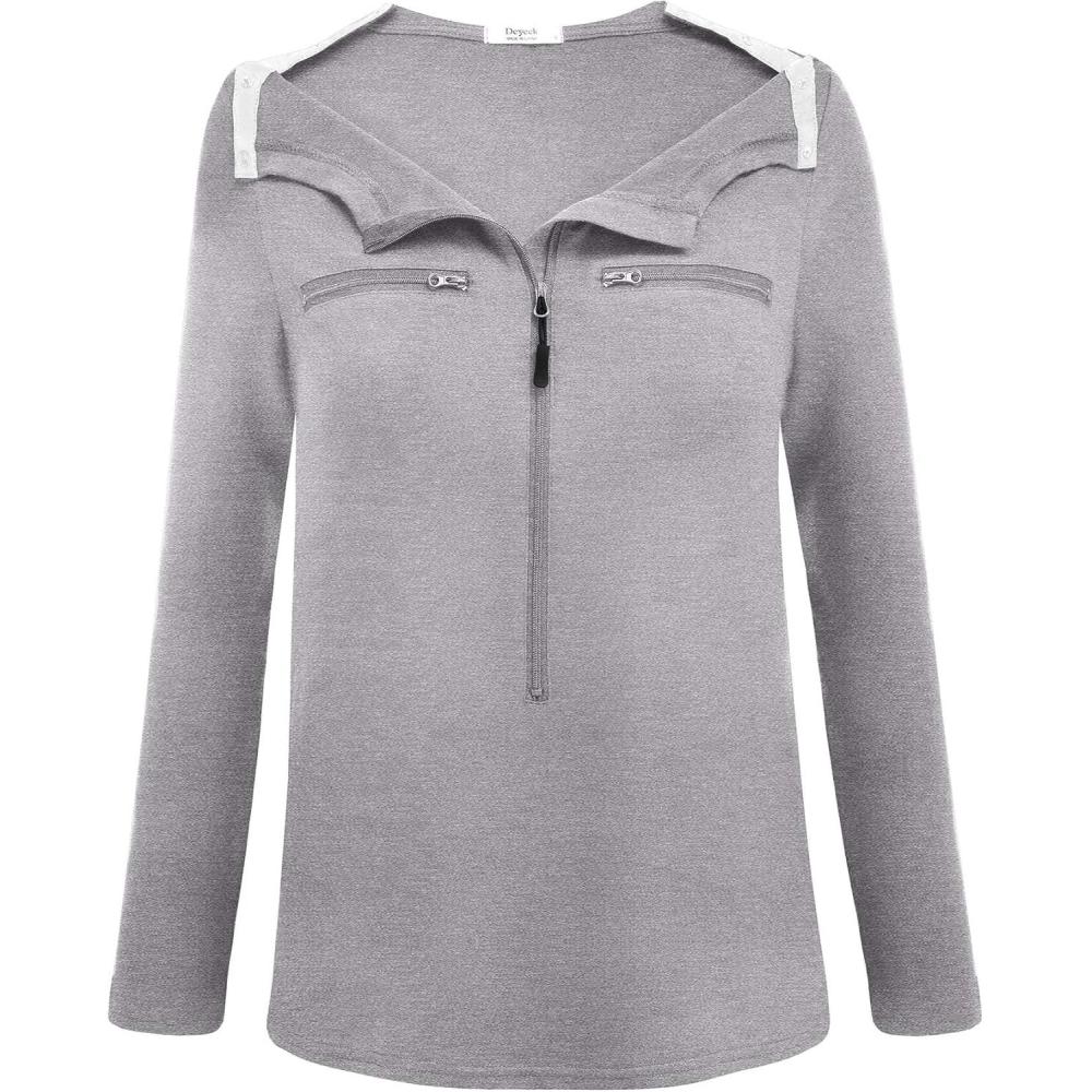 imageDeyeek Chemo Port Shirts for Women 2 Side Snaps Long Sleeve Shoulder Post Surgery Clothing Dialysis Breast Cancer ShirtsLight Grey
