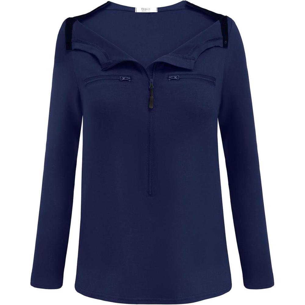 imageDeyeek Chemo Port Shirts for Women 2 Side Snaps Long Sleeve Shoulder Post Surgery Clothing Dialysis Breast Cancer ShirtsNavy Blue