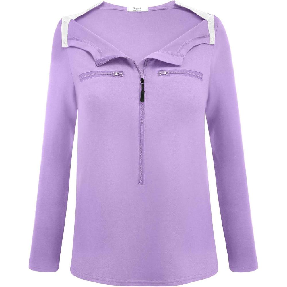 imageDeyeek Chemo Port Shirts for Women 2 Side Snaps Long Sleeve Shoulder Post Surgery Clothing Dialysis Breast Cancer ShirtsPurple