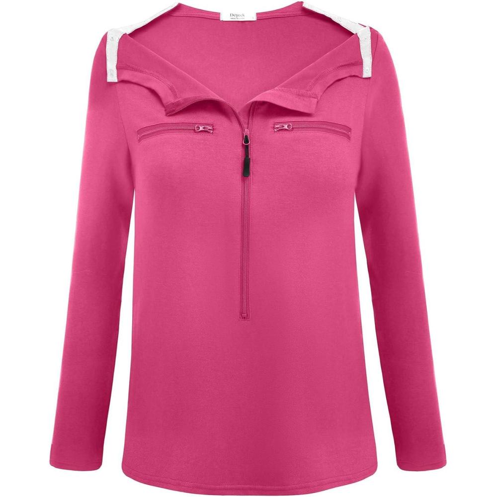 imageDeyeek Chemo Port Shirts for Women 2 Side Snaps Long Sleeve Shoulder Post Surgery Clothing Dialysis Breast Cancer ShirtsRose Red