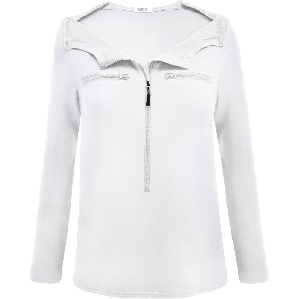 imageDeyeek Chemo Port Shirts for Women 2 Side Snaps Long Sleeve Shoulder Post Surgery Clothing Dialysis Breast Cancer ShirtsWhite