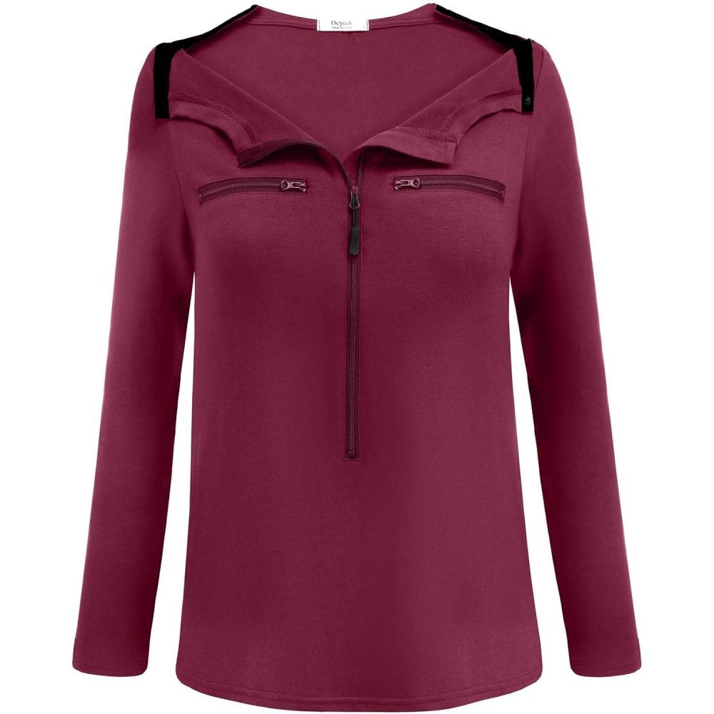 imageDeyeek Chemo Port Shirts for Women 2 Side Snaps Long Sleeve Shoulder Post Surgery Clothing Dialysis Breast Cancer ShirtsWine Red