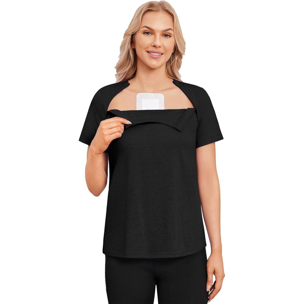 imageDeyeek Chemo Shirts for Port Access Women with 2 Hidden Side Zippers Post Surgery Short Sleeve Tear Away Adaptive Top TeesBlack