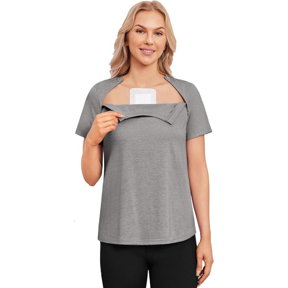 imageDeyeek Chemo Shirts for Port Access Women with 2 Hidden Side Zippers Post Surgery Short Sleeve Tear Away Adaptive Top TeesLight Grey