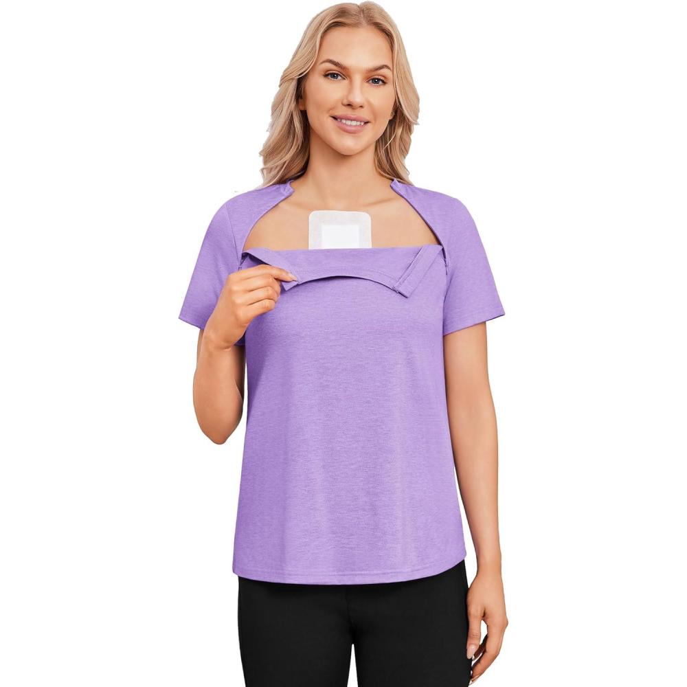 imageDeyeek Chemo Shirts for Port Access Women with 2 Hidden Side Zippers Post Surgery Short Sleeve Tear Away Adaptive Top TeesPurple