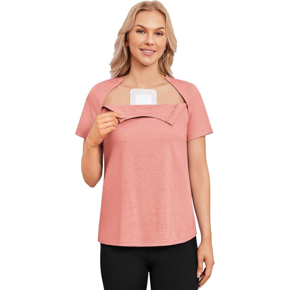imageDeyeek Chemo Shirts for Port Access Women with 2 Hidden Side Zippers Post Surgery Short Sleeve Tear Away Adaptive Top TeesTangerine Pink