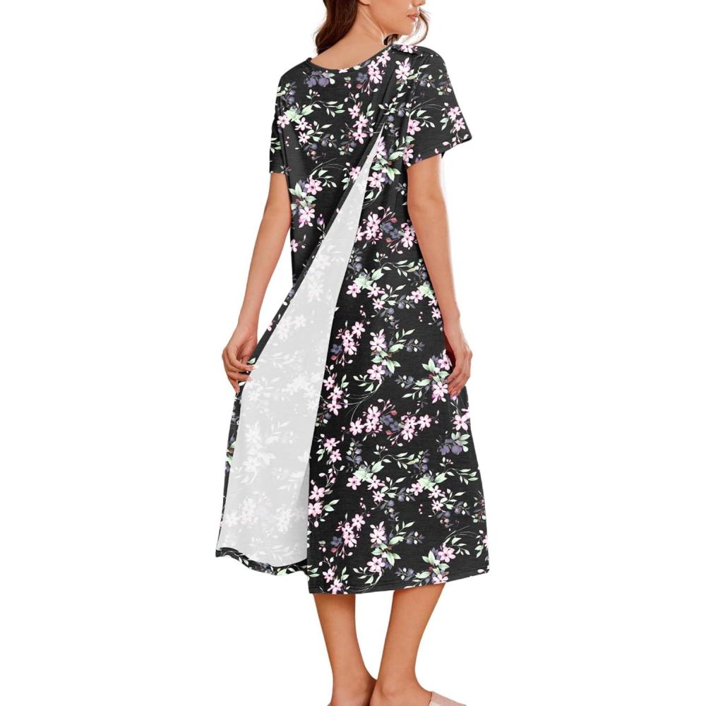 imageDeyeek Hospital Gowns for Women Labor Delivery Shoulder Surgery Dress Adaptive Clothing Night Robes for Elderly Plus SizeBlack Floral