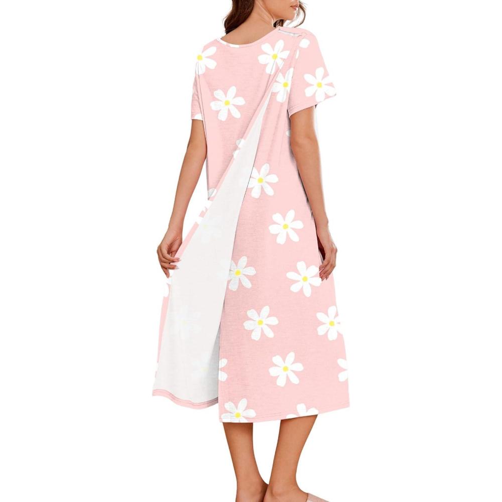 imageDeyeek Hospital Gowns for Women Labor Delivery Shoulder Surgery Dress Adaptive Clothing Night Robes for Elderly Plus SizePink Daisy