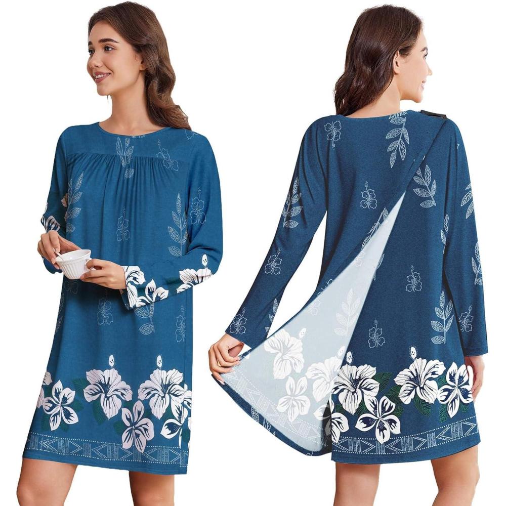 imageDeyeek Hospital Gowns for Women Open Back Dress Long Sleeve Post Surgery Tear Away Adaptive Nightgowns Dialysis ClothingBlue Print