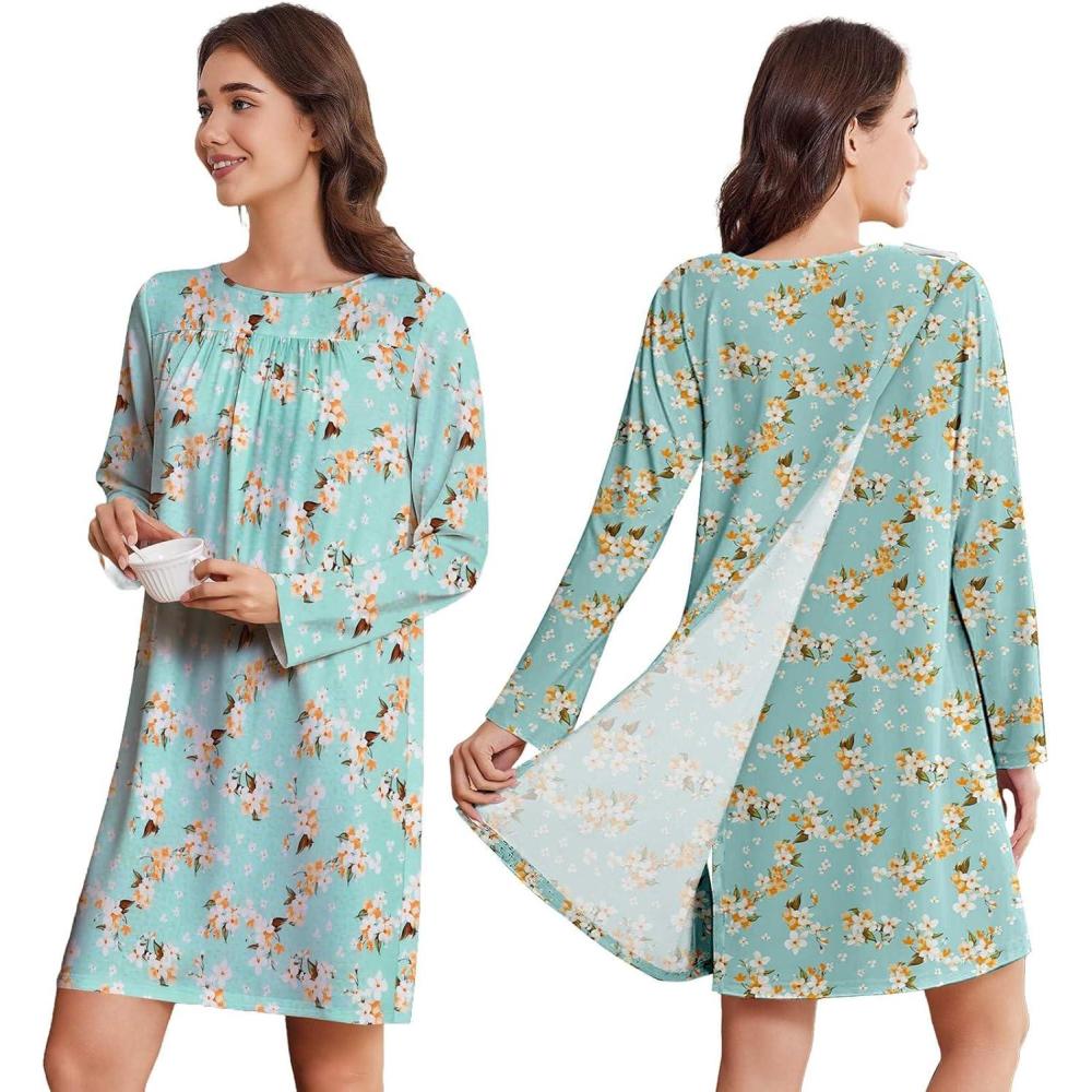 imageDeyeek Hospital Gowns for Women Open Back Dress Long Sleeve Post Surgery Tear Away Adaptive Nightgowns Dialysis ClothingGreen Print