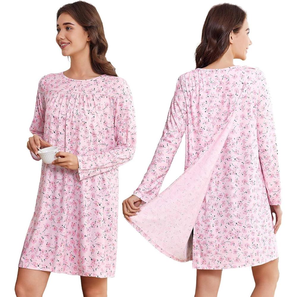 imageDeyeek Hospital Gowns for Women Open Back Dress Long Sleeve Post Surgery Tear Away Adaptive Nightgowns Dialysis ClothingPink Print