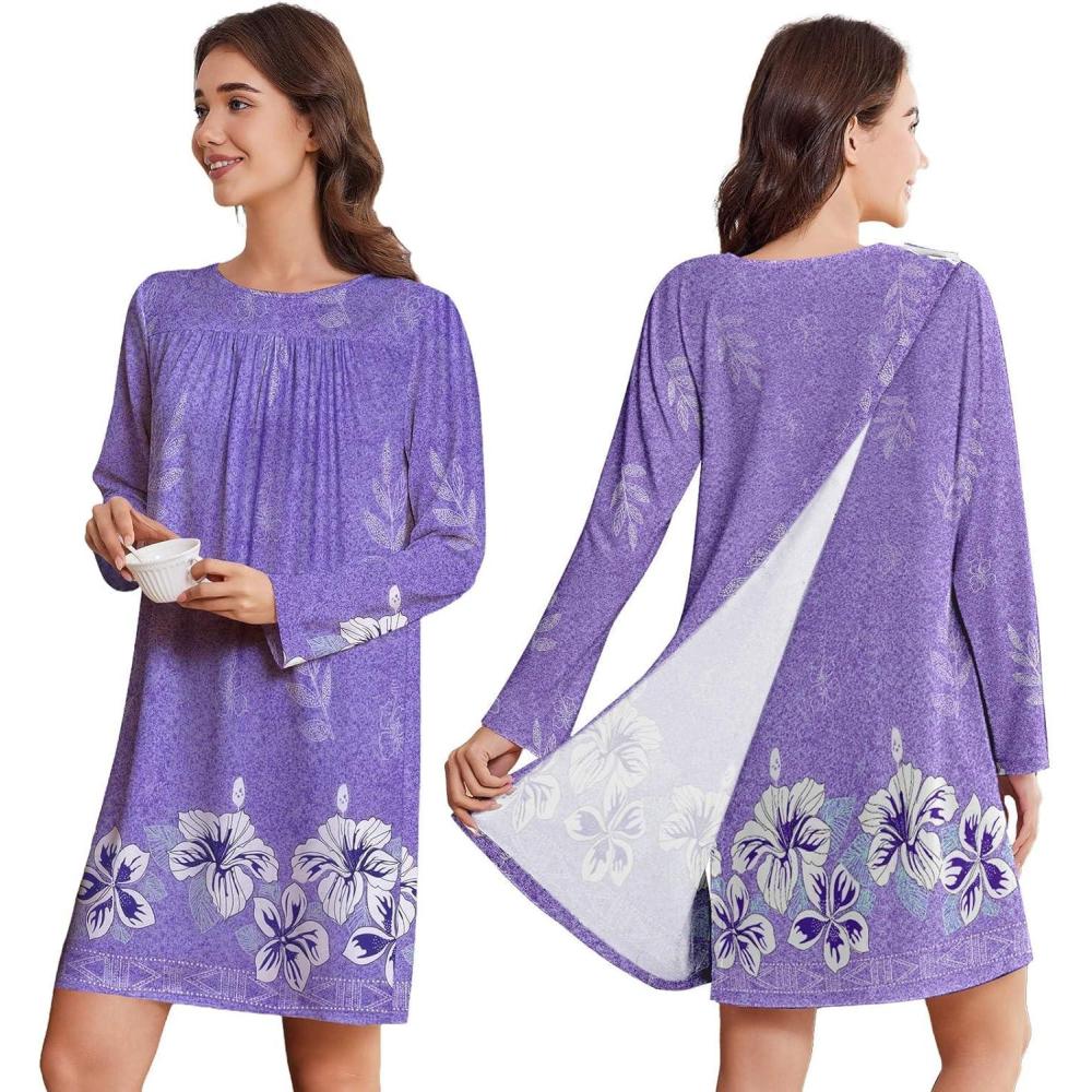 imageDeyeek Hospital Gowns for Women Open Back Dress Long Sleeve Post Surgery Tear Away Adaptive Nightgowns Dialysis ClothingPurple Print