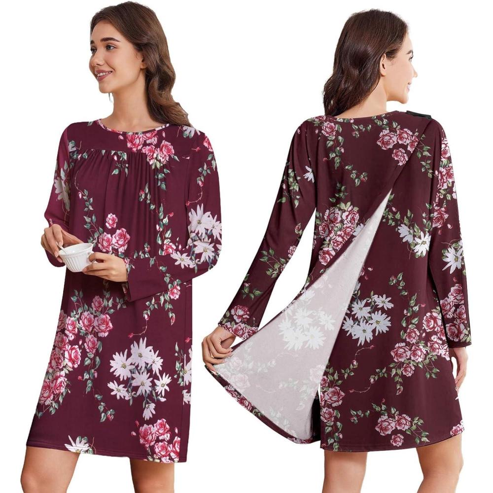 imageDeyeek Hospital Gowns for Women Open Back Dress Long Sleeve Post Surgery Tear Away Adaptive Nightgowns Dialysis ClothingRed Print