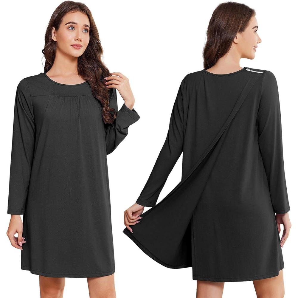 imageDeyeek Hospital Gowns for Women Open Back Tear Away Post Surgery Dress Long Sleeve with Shoulder Snaps Adaptive NightgownsBlack