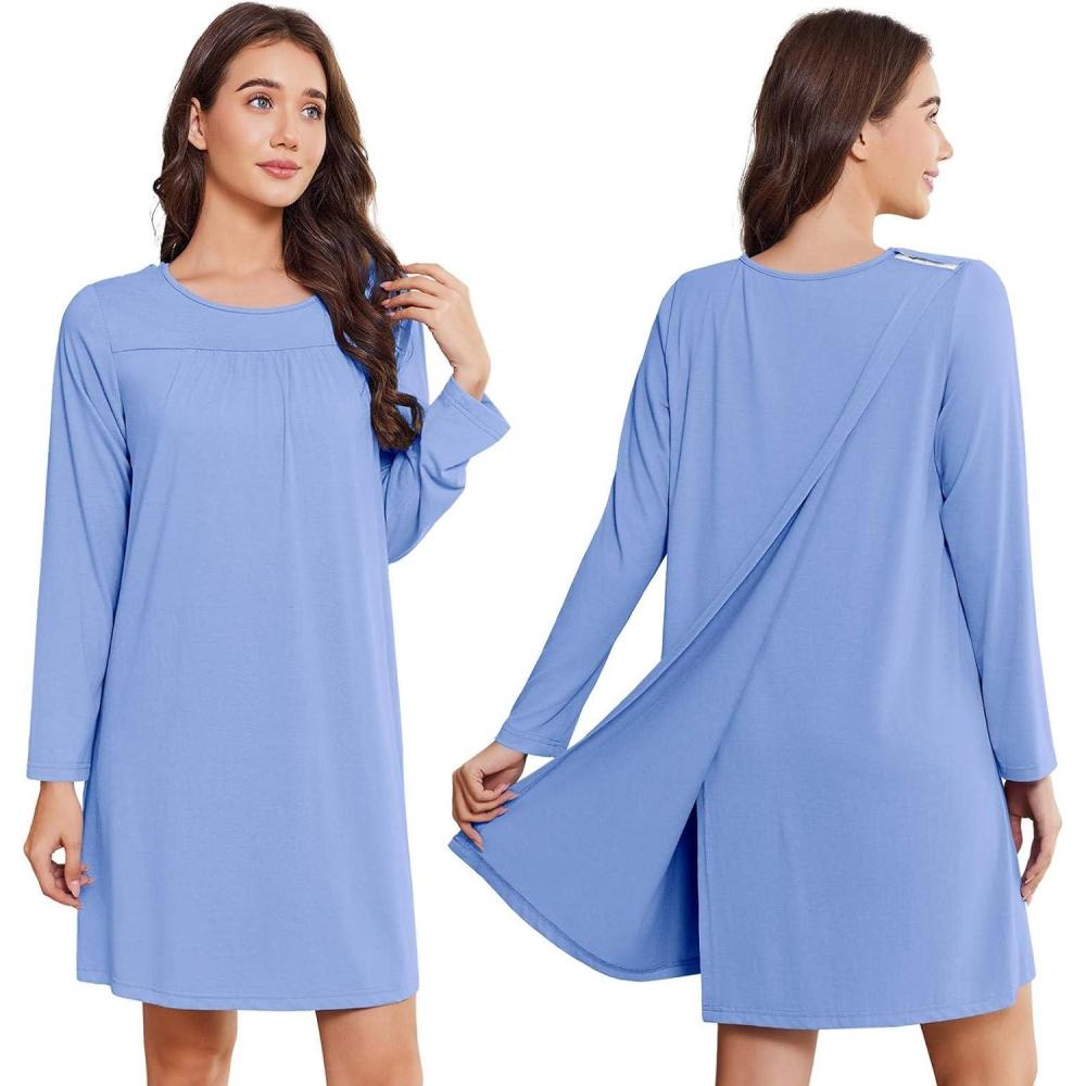 imageDeyeek Hospital Gowns for Women Open Back Tear Away Post Surgery Dress Long Sleeve with Shoulder Snaps Adaptive NightgownsBlue